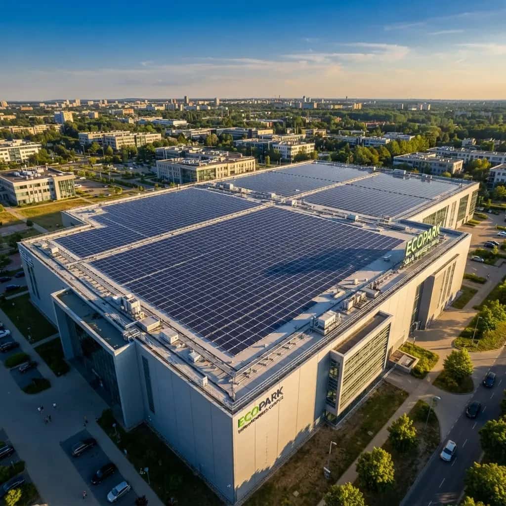 Střecha komerční budovy pokrytá fotovoltaickými panely