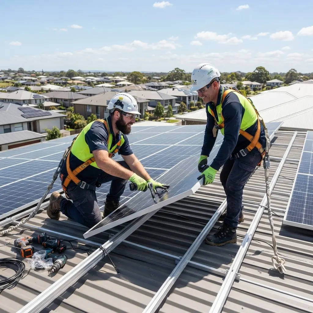 Technici Comfort Energy instalují fotovoltaické panely na střeše